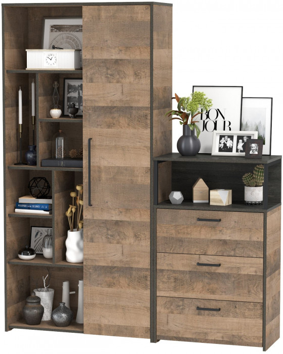 Трувор 13.206 Шкаф-стеллаж + 13.307.02 Комод с ящиками, цвет дуб гранж песочный/интра, ШхГхВ 159х37х194,2 см., универсальная сборка