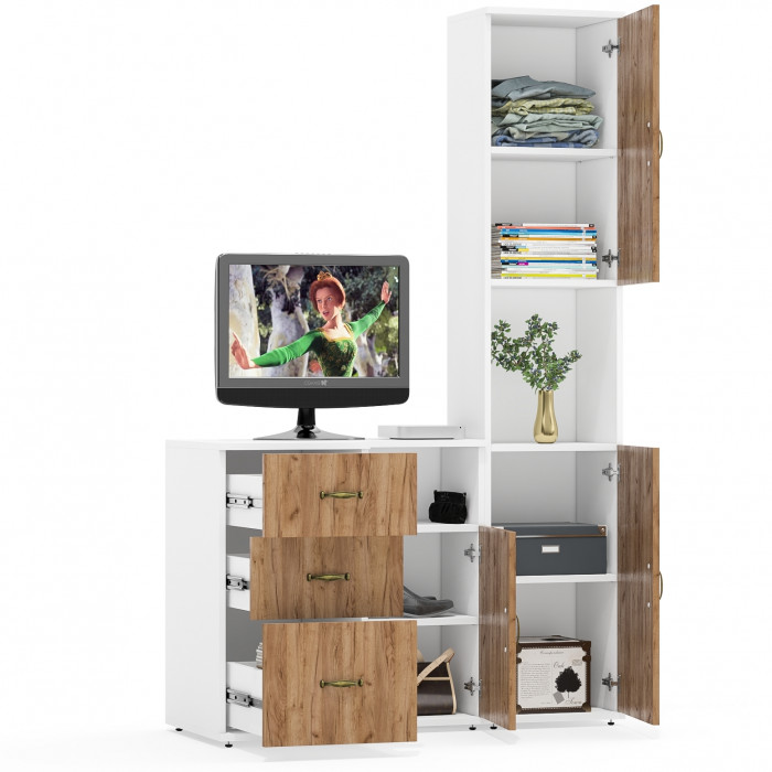 Лидер-8 Пенал + Тумба МД 3.16 + Тумба МД 3.19, цвет белый шагрень/крафт золото, ШхГхВ 120х50х190 см., универсальная сборка