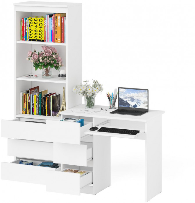 Мори Стол компьютерный МС-6 левый + Стеллаж МСТ600.3, цвет белый, ШхГхВ 150,4х50х179,6 см., выдвижные ящики слева, НЕ универсальная сборка