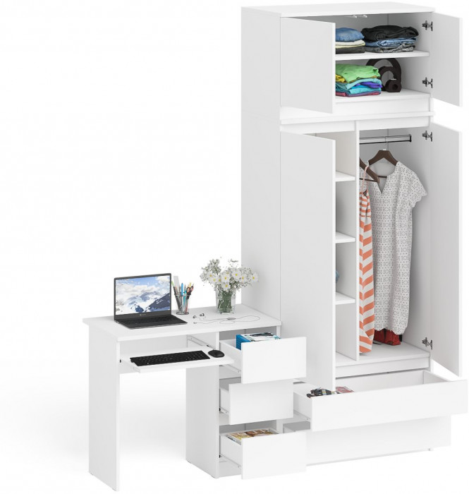 Мори Стол компьютерный МС-6 правый + Шкаф МШ900.1 + Антресоль МА900.1, цвет белый, ШхГхВ 180,4х50,4х234,2 см., выдвижные ящики справа, НЕ универс. сб.
