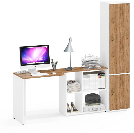 Лидер-8 Стол + Пенал МД 22Б, белый шагрень/крафт золото