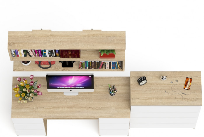 Мори компьютерный стол МС-2 + Комод МК800.4 + Полка 1200, дуб сонома/белый