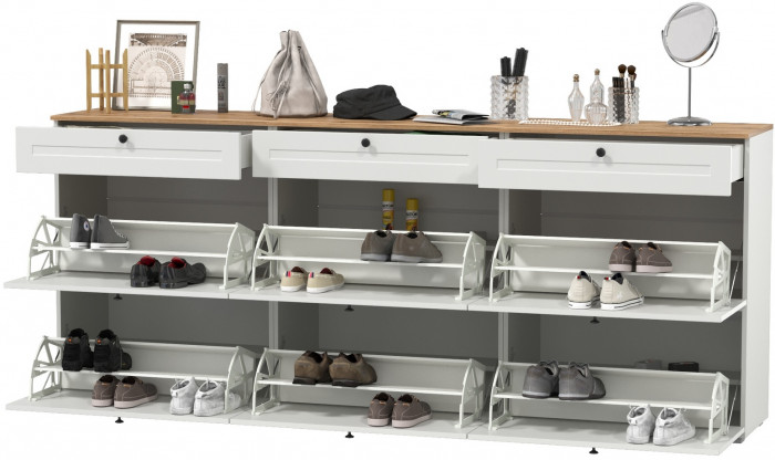 Остин 16.121 Тумба для обуви + 16.121 Тумба д/обуви + 16.121, цвет белый шагрень/серый графит/дуб крафт золотой, ШхГхВ 240х41,6х99,3 см, ун. сб.