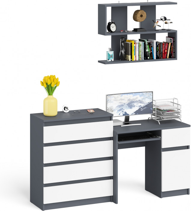 Мори компьютерный стол МС-1 правый + Комод МК800.4 + Полка 900, графит/белый