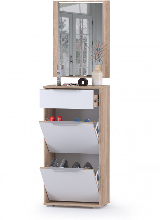 Куба Прихожая 5, обувница 13.114 + Зеркало, цвет дуб сонома/белый премиум, ШхГхВ 50х28,3х180 см.
