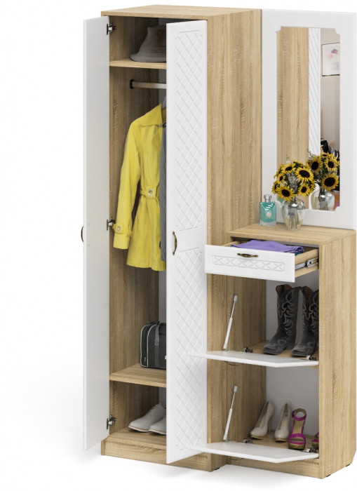 Прихожая П-6 Компоновка № 17, цвет дуб сонома/фасады МДФ белое дерево фрезеровка ромб, ШхГхВ 110х50х210 см., универсальная сборка