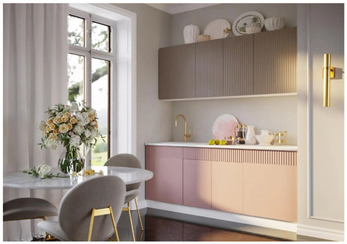 Кухня МДФ Оливия 2000 (Шарли Бриз/Шарли Мокко, Белый)