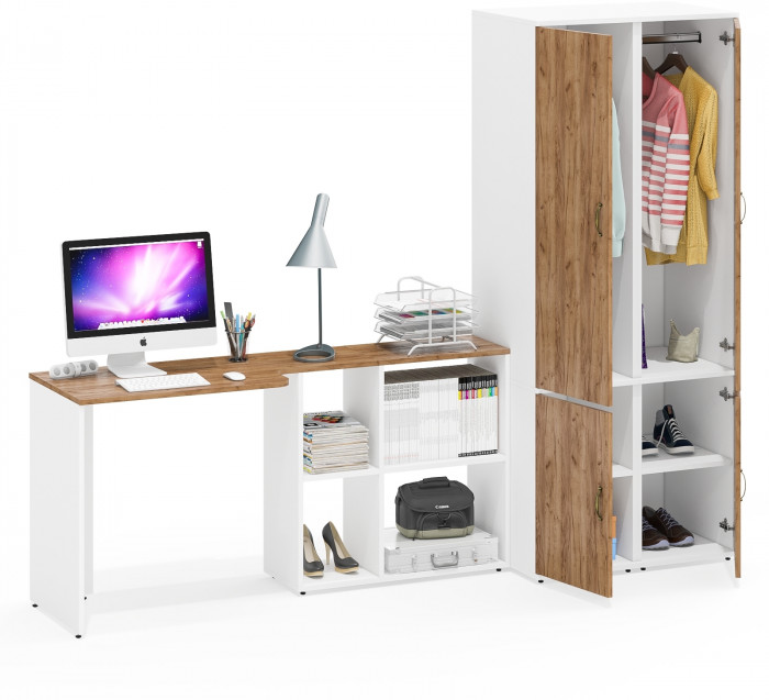 Лидер-8 Стол + Пенал МД 23Б + Пенал МД 23Б, белый шагрень/крафт золото