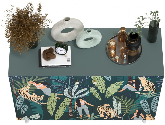 Либера Комод-тумба 16.230.01, цвет пасифай/белый, ШхГхВ 115,3х42,6х92,3 см., фасады с рисунком Тропический лес, две дверки