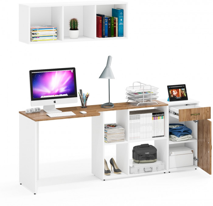 Лидер-8 Стол + Полка + Тумба МД 3.15, цвет белый шагрень/крафт золото, ШхГхВ 205х50/30х75/190 или 115х50/120х75/190 см., НЕ универсальная сборка