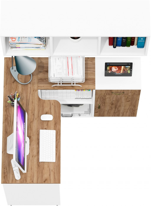 Лидер-8 Стол + Полка + Тумба МД 3.15, цвет белый шагрень/крафт золото, ШхГхВ 205х50/30х75/190 или 115х50/120х75/190 см., НЕ универсальная сборка