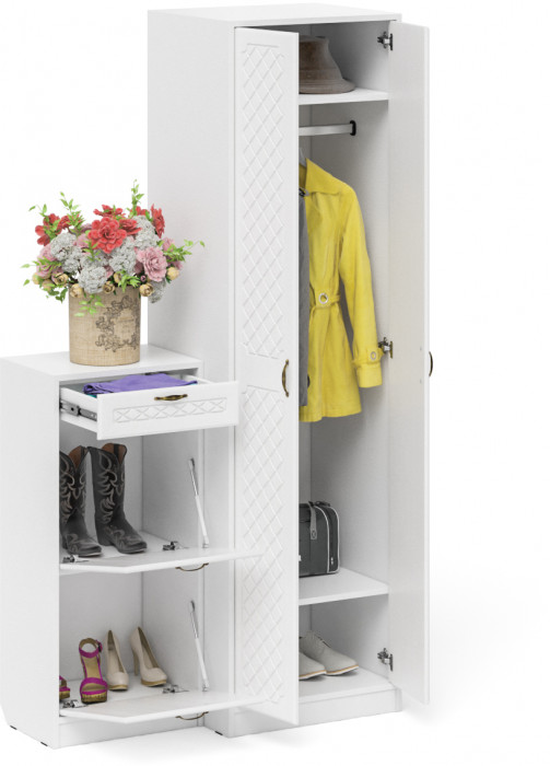 Прихожая П-6 Компоновка № 16, цвет белая шагрень/фасады МДФ белое дерево фрезеровка ромб, ШхГхВ 110х50х210 см., универсальная сборка