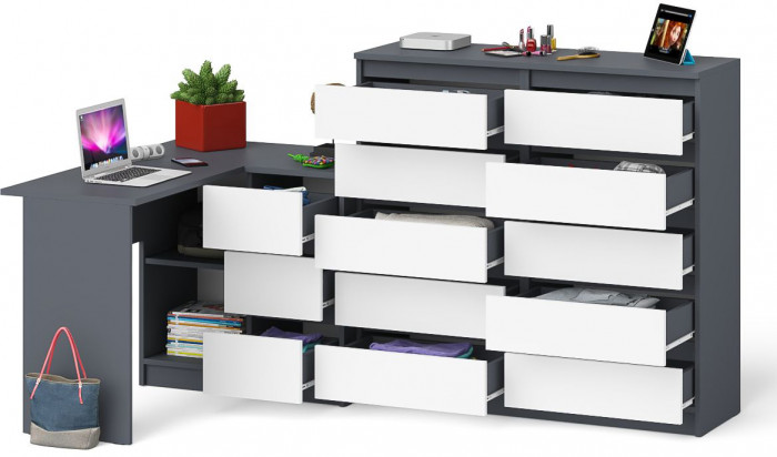 Мори Стол компьютерный МС-16 правый + Комод МК1200.10, цвет графит/белый, ШхГхВ 244,8х84,9х115 см., выдвижные ящики справа, НЕ универсальная сборка
