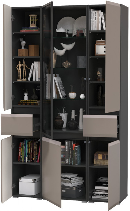 Сидней 13.202 Шкаф с ящиком 2 штуки + Шкаф-витрина 13.201, корпус: антрацит/фасады: МДФ веллюто капучино/стекло