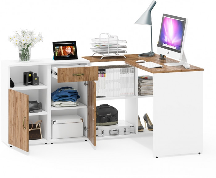 Лидер-8 Стол + Тумба МД 3.15 + Тумба МД 3.19, белый шагрень/крафт золото