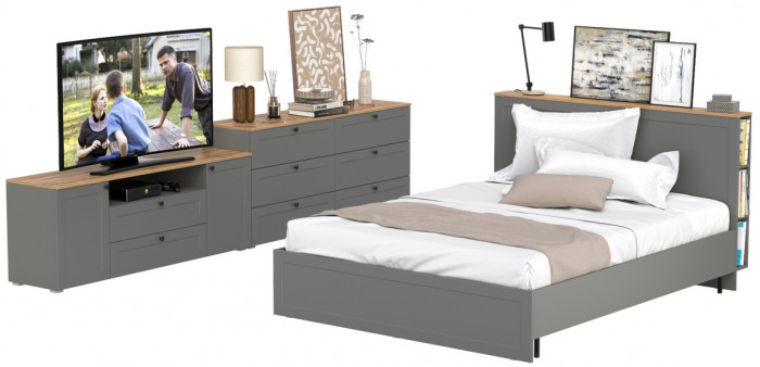 Остин 11.53 Кровать + ортопед + 16.240 Комод + 16.47 Тумба под ТВ, серый графит/дуб крафт золотой