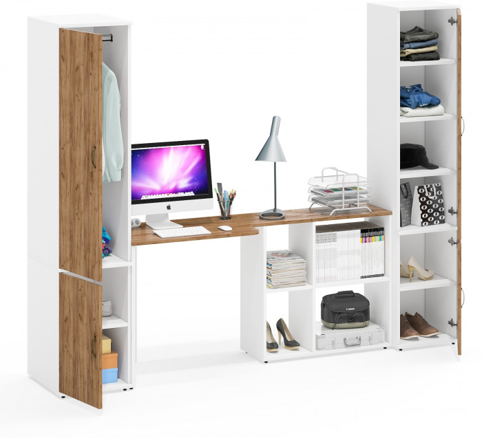 Лидер-8 Пенал МД 23Б + Стол + Пенал 22Б, цвет белый шагрень/крафт золото, ШхГхВ 245х50/37,5х75/190 или 155х120/50х75/190 см., НЕ универсальная сборка