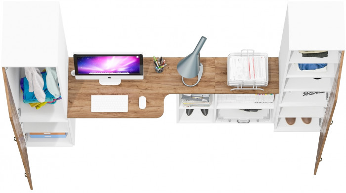 Лидер-8 Пенал МД 23Б + Стол + Пенал 22Б, цвет белый шагрень/крафт золото, ШхГхВ 245х50/37,5х75/190 или 155х120/50х75/190 см., НЕ универсальная сборка