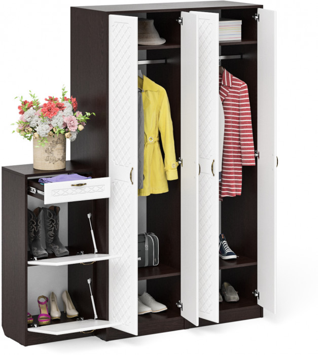 Прихожая П-6 Компоновка № 13, цвет венге/фасады МДФ белое дерево фрезеровка ромб, ШхГхВ 170х50х210 см., универсальная сборка