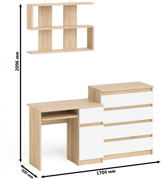 Мори компьютерный стол МС-1 правый + Комод МК800.4 + Полка 900, дуб сонома/белый