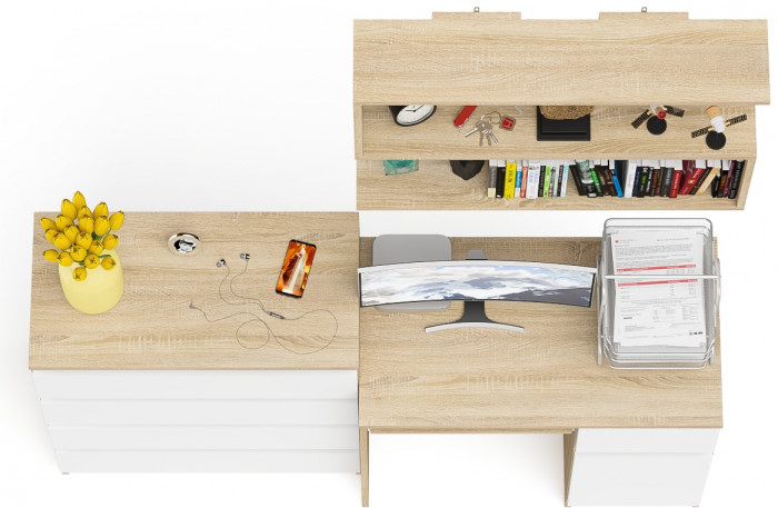 Мори компьютерный стол МС-1 правый + Комод МК800.4 + Полка 900, дуб сонома/белый
