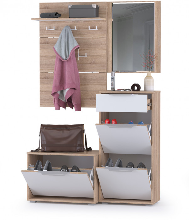 Куба Прихожая 7, обувница 13.58 + Вешалка 10.122 + обувница 13.114 + Зеркало, цвет дуб сонома/белый премиум, ШхГхВ 115х38,3х210,6 см., ун. сборка