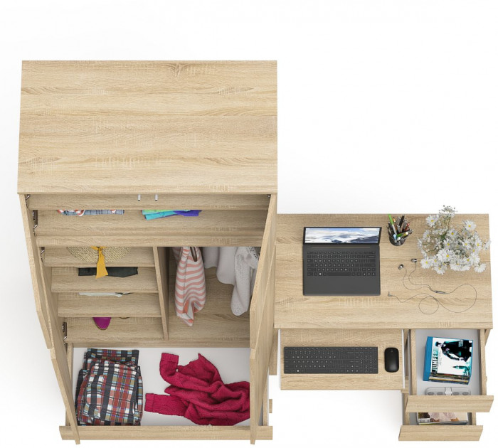 Мори Стол компьютерный МС-6 правый + Шкаф МШ900.1 + Антресоль МА900.1, цвет дуб сонома, ШхГхВ 180,4х50,4х234,2 см., выдвиж. ящики справа, НЕ ун. сб.