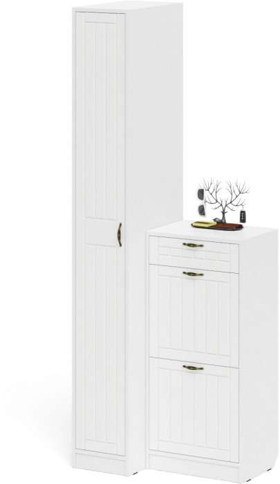 Прихожая П-6 Компоновка № 42, белая шагрень/фасады МДФ белое дерево фрезеровка прованс