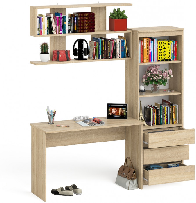 Мори Стол письменный МСП1200.1 + Стеллаж МСТ600.3 + Полка 1200, цвет дуб сонома, ШхГхВ 180,8х50х209,6 см., универсальная сборка