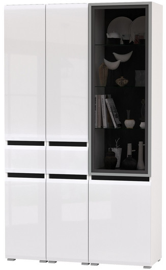 Сидней 13.202 Шкаф с ящиком 2 штуки + Шкаф-витрина 13.201, корпус: белый/чёрный/фасады: МДФ белый глянец/стекло