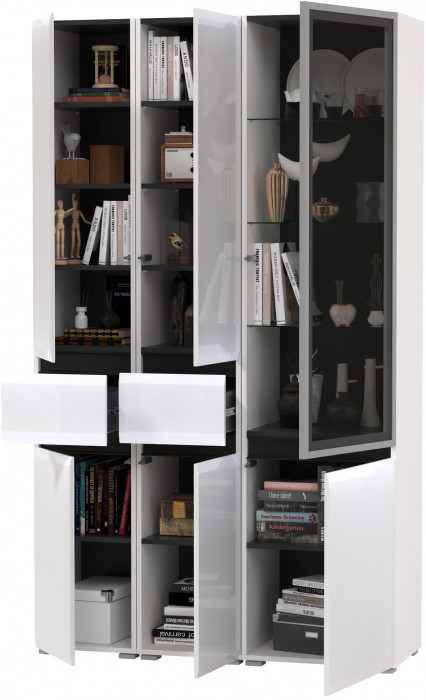 Сидней 13.202 Шкаф с ящиком 2 штуки + Шкаф-витрина 13.201, корпус: белый/чёрный/фасады: МДФ белый глянец/стекло