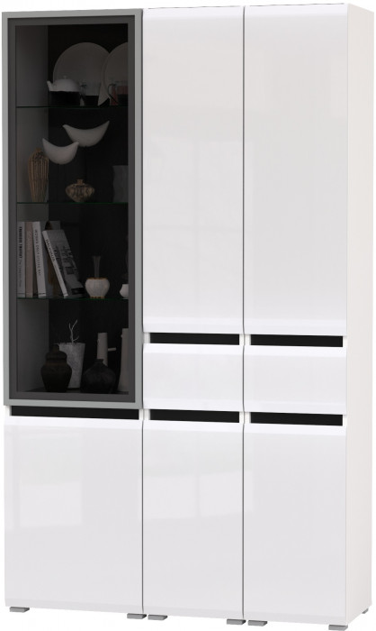 Сидней 13.202 Шкаф с ящиком 2 штуки + Шкаф-витрина 13.201, корпус: белый/чёрный/фасады: МДФ белый глянец/стекло
