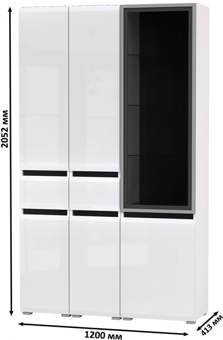 Сидней 13.202 Шкаф с ящиком 2 штуки + Шкаф-витрина 13.201, корпус: белый/чёрный/фасады: МДФ белый глянец/стекло