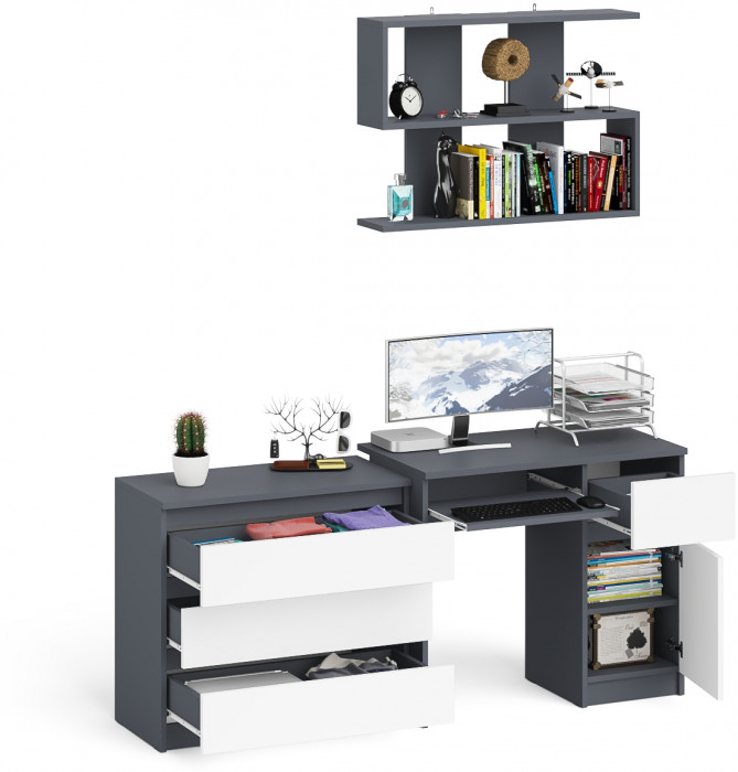 Мори компьютерный стол МС-1 правый + Комод МК800.1 + Полка 900, графит/белый