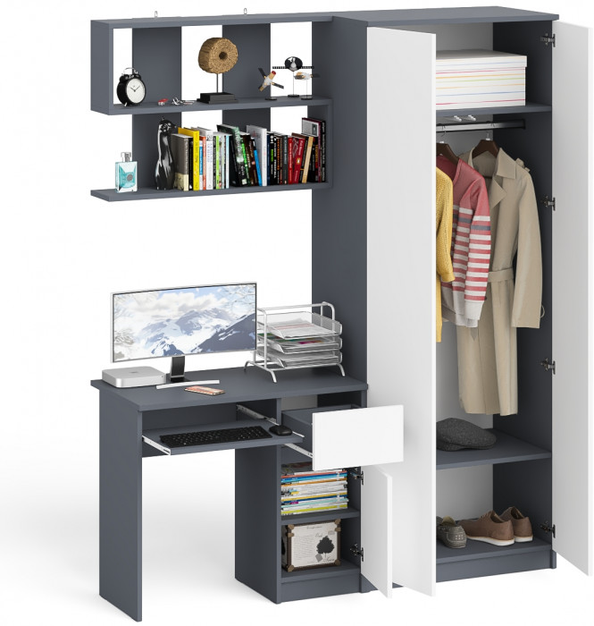 Мори компьютерный стол МС-1 правый + Шкаф МШ800.1 + Полка 900, графит/белый