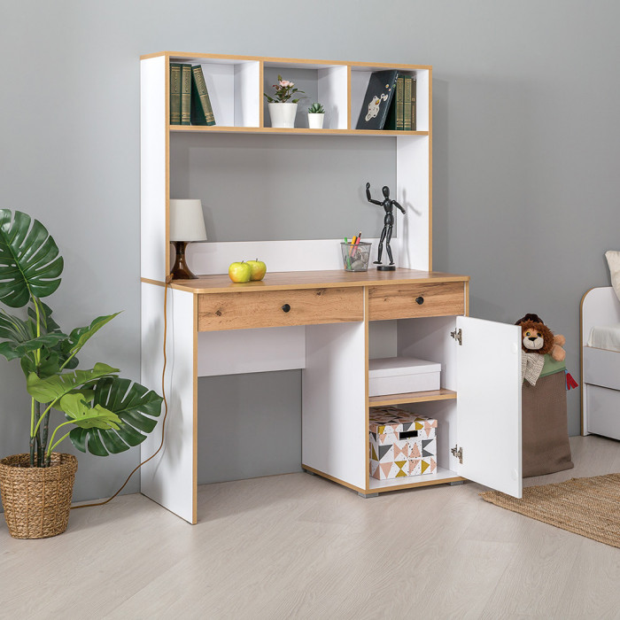 Вуди Стол письменный 12.42 + Надстройка на стол 13.161, цвет белый премиум/дуб крафт золотой, ШхГхВ 110х52,7х158,7 см., универсальная сборка