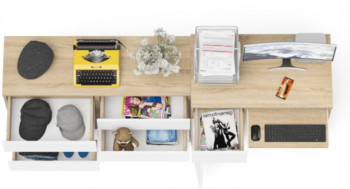 Мори Стол компьютерный МС-1 левый + Комод МК1200.6, цвет дуб сонома/белый, ШхГхВ 210,4х50х76,6 см., выдвижной ящик слева, НЕ универсальная сборка