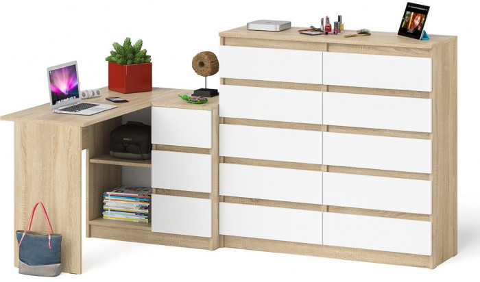 Мори Стол компьютерный МС-16 правый + Комод МК1200.10, цвет дуб сонома/белый, ШхГхВ 244,8х84,9х115 см., выдвижные ящики справа, НЕ универс. сборка