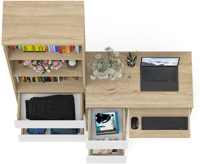 Мори Стол компьютерный МС-6 левый + Стеллаж МСТ600.3, цвет дуб сонома/белый, ШхГхВ 150,4х50х179,6 см., выдвижные ящики слева, НЕ универсальная сборка