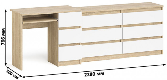 Мори Стол компьютерный МС-6 правый + Комод МК1380.6, цвет дуб сонома/белый, ШхГхВ 228х50х76,6 см., выдвижные ящики справа, НЕ универсальная сборка