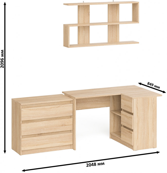 Мори компьютерный стол МС-16 правый + Комод МК800.1 + Полка 1200, дуб сонома