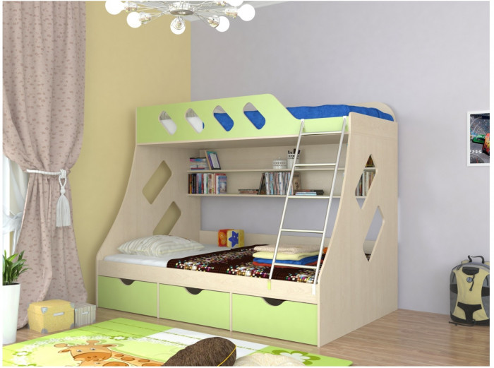 Дельта-20.01 Детская двухъярусная кровать с лестницей (Голубой, Дуб молочный)