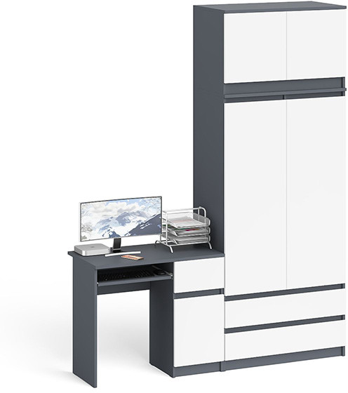 Мори Стол компьютерный МС-1 правый + Шкаф МШ900.1 + Антресоль МА900.1, цвет графит/белый, ШхГхВ 180,4х50,4х234,2 см., выдвиж. ящик справа, НЕ ун. сб.