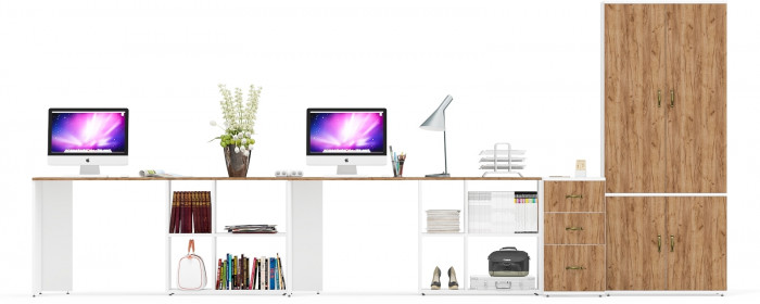 Лидер-8 Стол + Стол + Шкаф МД 20Б + Тумба МД 3.16, белый шагрень/крафт золото