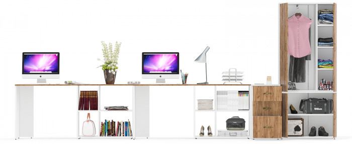 Лидер-8 Стол + Стол + Шкаф МД 20Б + Тумба МД 3.16, белый шагрень/крафт золото