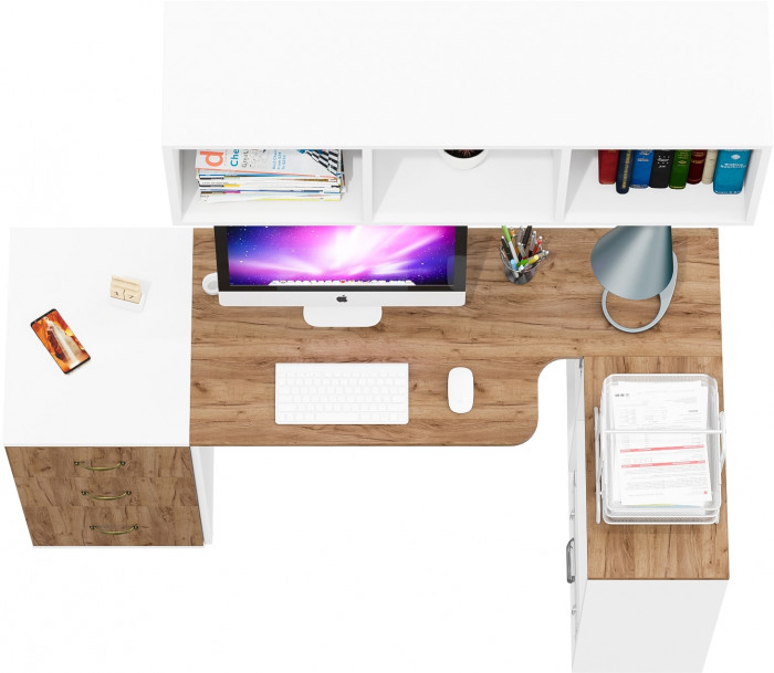 Лидер-8 Стол + Полка + Тумба МД 3.16, цвет белый шагрень/крафт золото, ШхГхВ 205х50/30х75/190 или 155х80/50х75/190 см., НЕ универсальная сборка