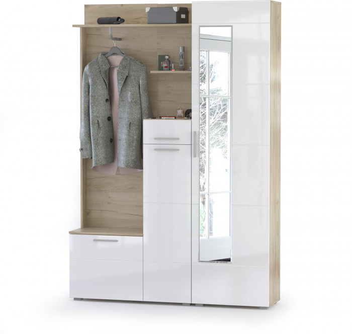 Лайн Прихожая № 01, цвет дуб крафт серый/фасады МДФ белый глянец, ШхГхВ 144,8х35,1х210 см., НЕ универсальная сборка