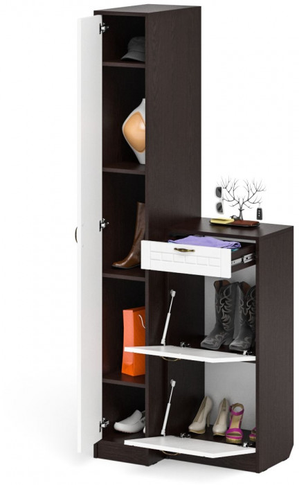 Прихожая П-6 Компоновка № 42, венге/фасады МДФ белое дерево фрезеровка прованс