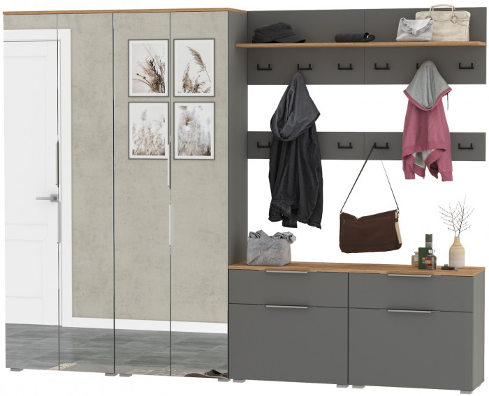Октава Прихожая 36, цвет серый графит/дуб крафт золотой/фасады МДФ серый графит, ШхГхВ 258,6х35,4х197,6 см., универсальная сборка