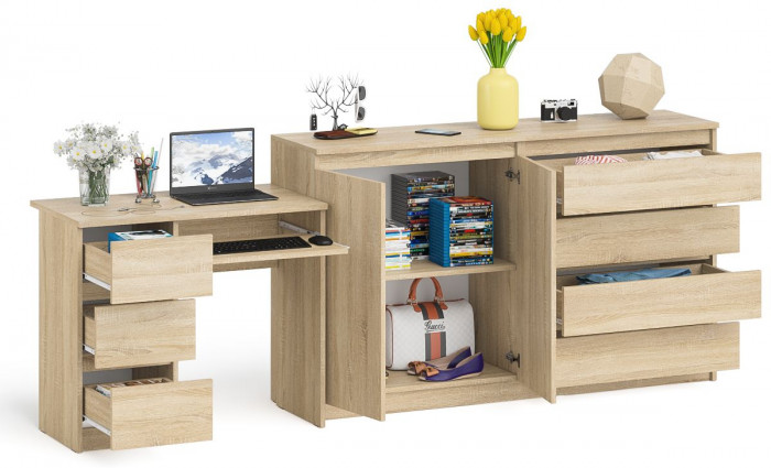 Мори Стол компьютерный МС-6 левый + Комод МК1600.1, цвет дуб сонома, ШхГхВ 250,4х50х94 см., выдвижные ящики слева, НЕ универсальная сборка